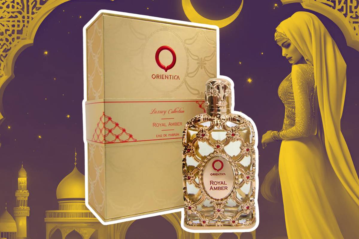 Perfume Royal Amber de Orientica e sua caixa, com um fundo dourado árabe, com uma mulher à direita
