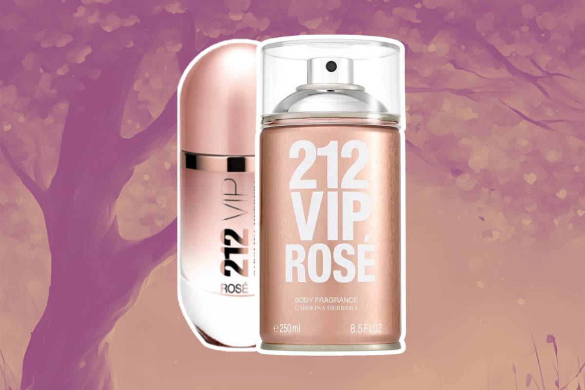 o body splash/spray e a versão perfume do 212 Vip Rosé de Carolina Herrera em um fundo com árvore soltando folhas