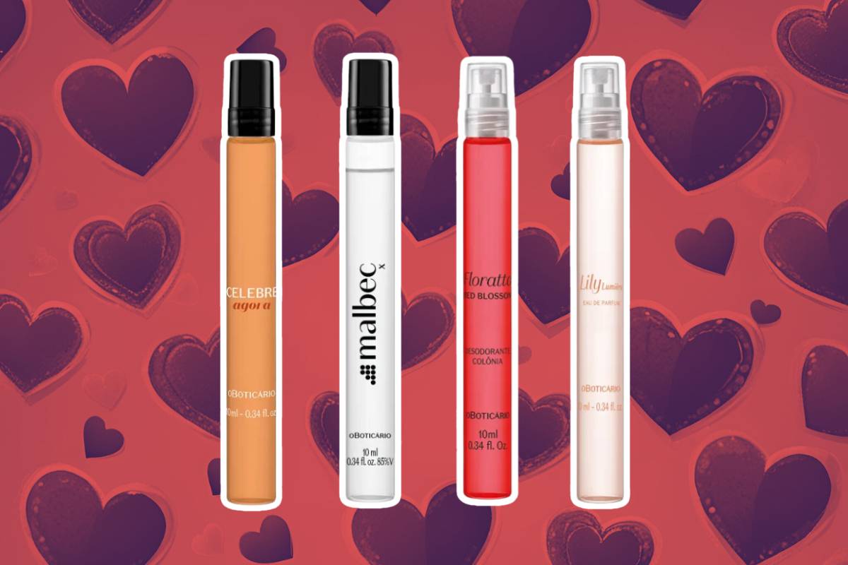7 perfumes baratinhos de 10ml da Boticário para o Dia dos Namorados 2024, em um fundo vermelho com corações de tamanhos variados