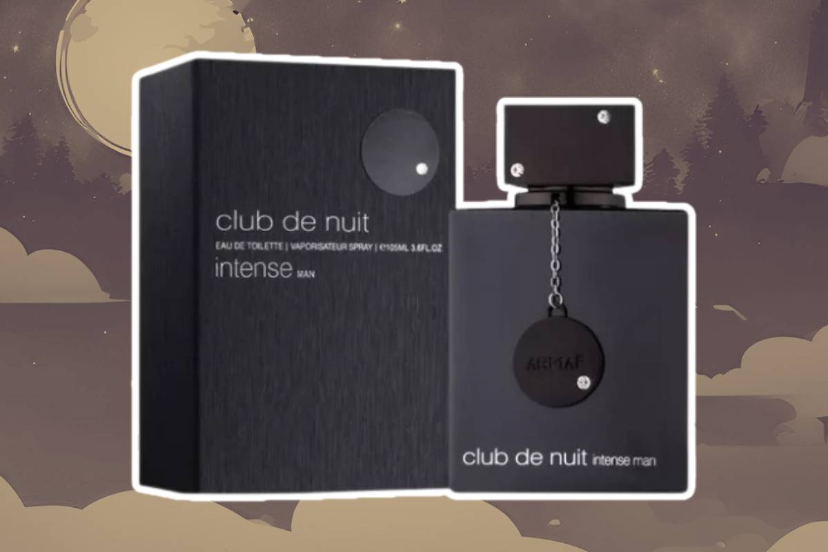 Perfume Armaf Club De Nuit Intense Man, com a caixa, em um fundo noturno