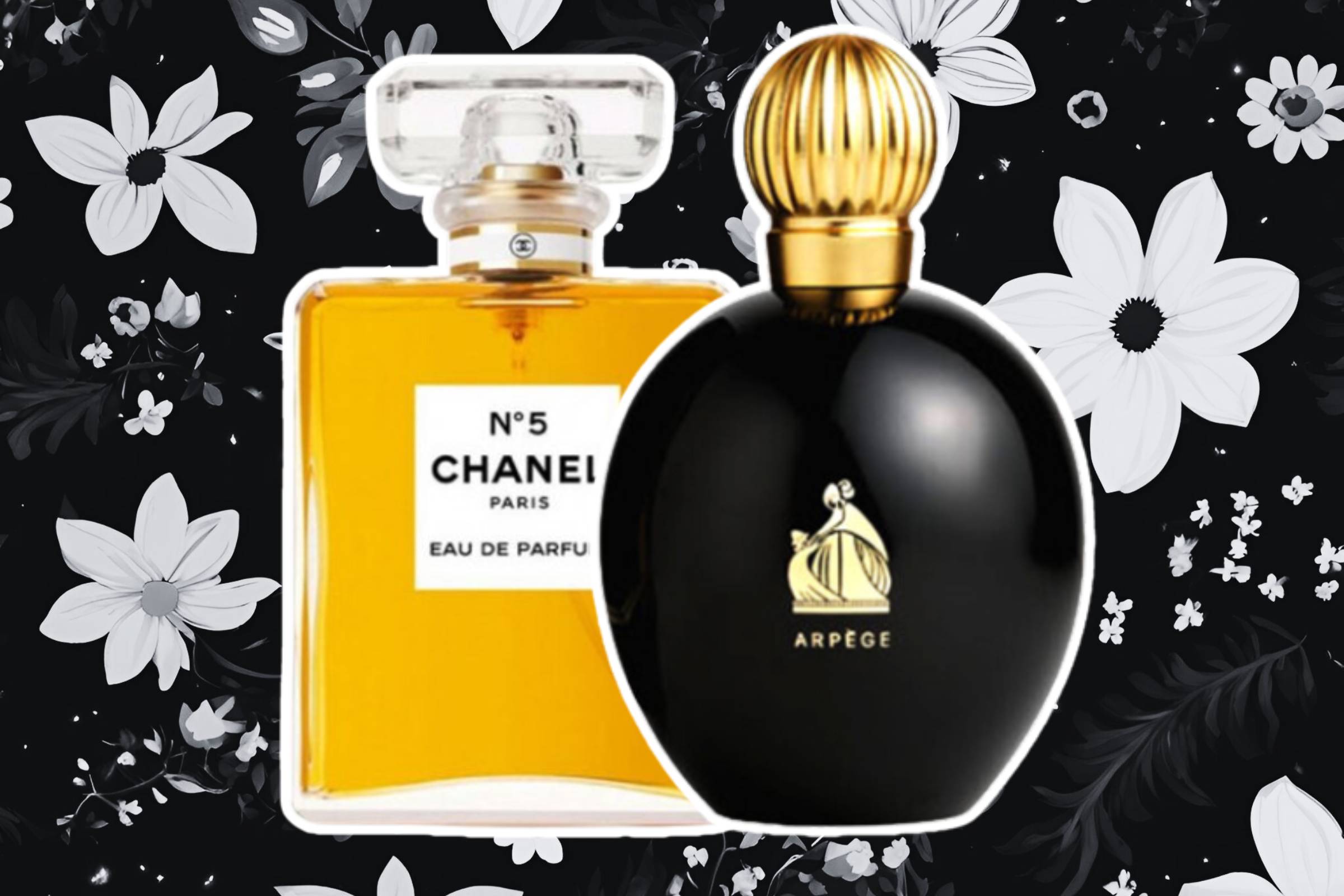 Perfumes Chanel No 5 e Arpège de Lavvin lado a lado, em um fundo com flores em tons noturnos e escuros