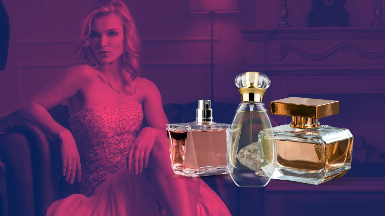 Montagem mostra uma mulher elegante com frascos de perfumes femininos ao seu lado