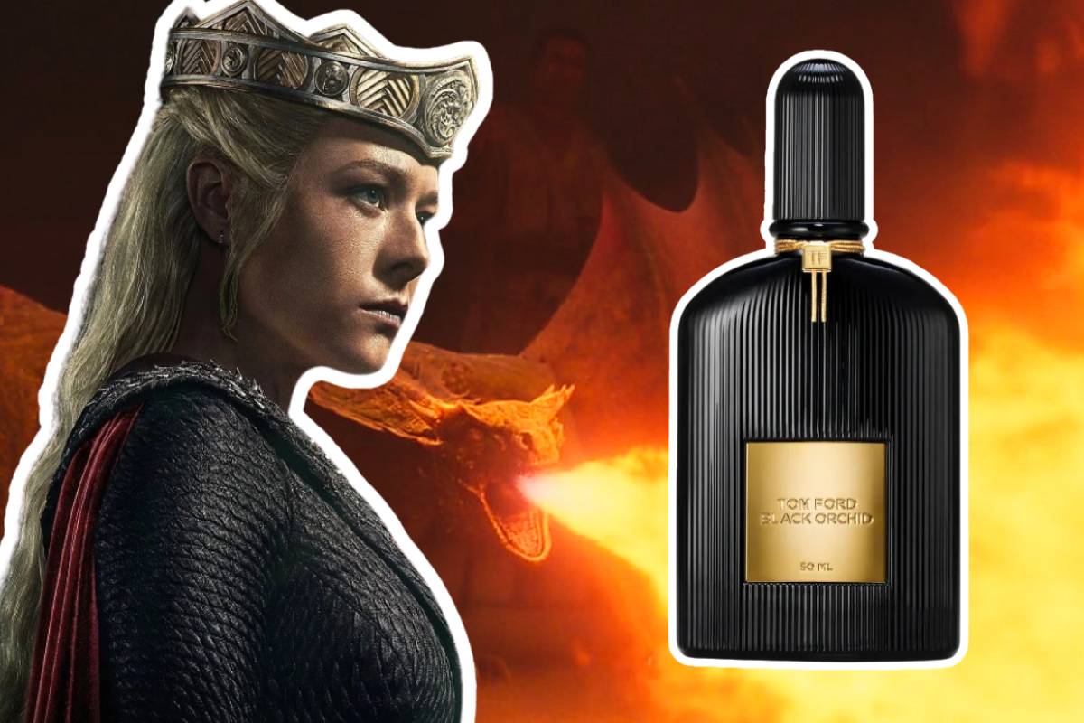 A personagem Rhaenyra Targaryen à esquerda, com um fundo mostrando um dragão da série cuspindo fogo. O perfume Black Orchid, de Tom Ford, está à direita.