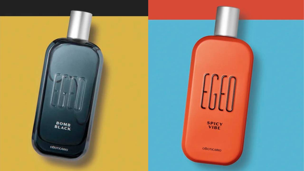 Perfumes Egeo Bomb Black e Egeo Spicy Vibe lado a lado em uma montagem