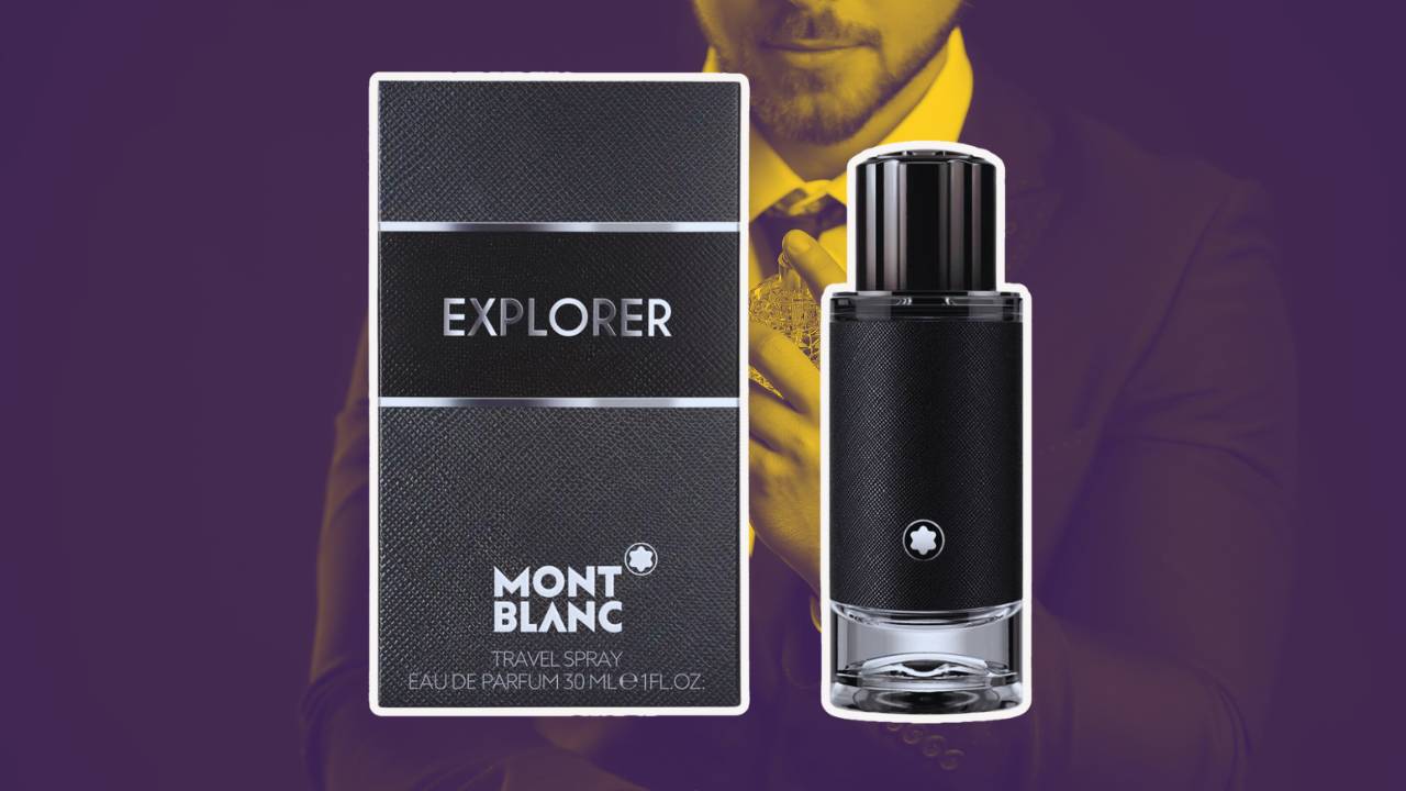 Explorer da Montblanc em destaque; ao fundo, um homem de terno passando perfume