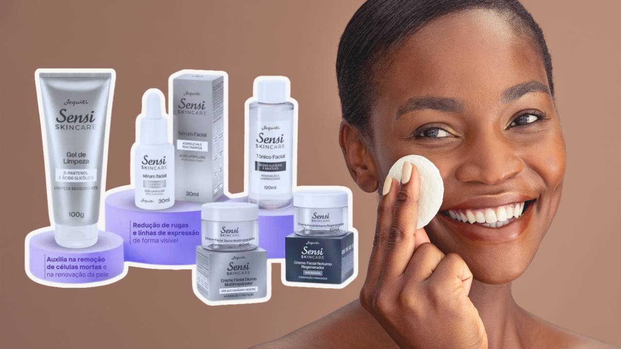 Mulher negra limpando o rosto; ao seu lado, uma montagem com os produtos Jequiti Sensi Skincare