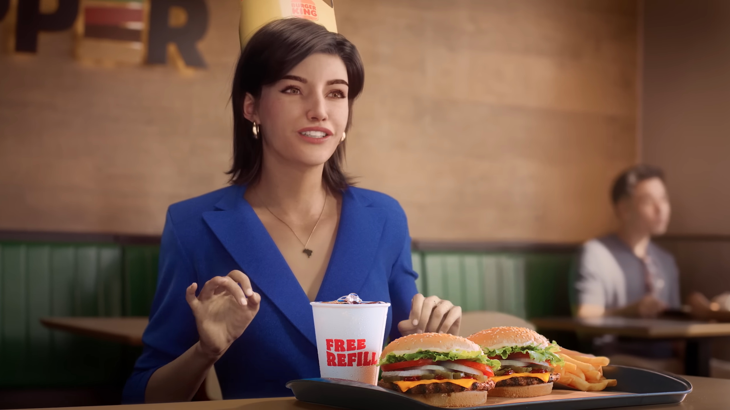 Personagem Lu Magalu no comercial do Burger King