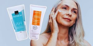 Mulher com cerca de 50 anos passando creme no rosto; ao lado, os novos hidratantes Renew da Avon