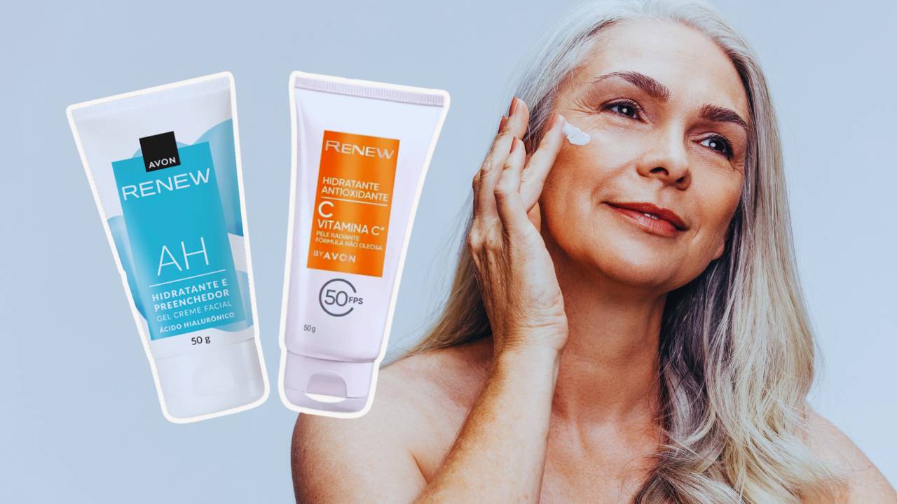 Mulher com cerca de 50 anos passando creme no rosto; ao lado, os novos hidratantes Renew da Avon