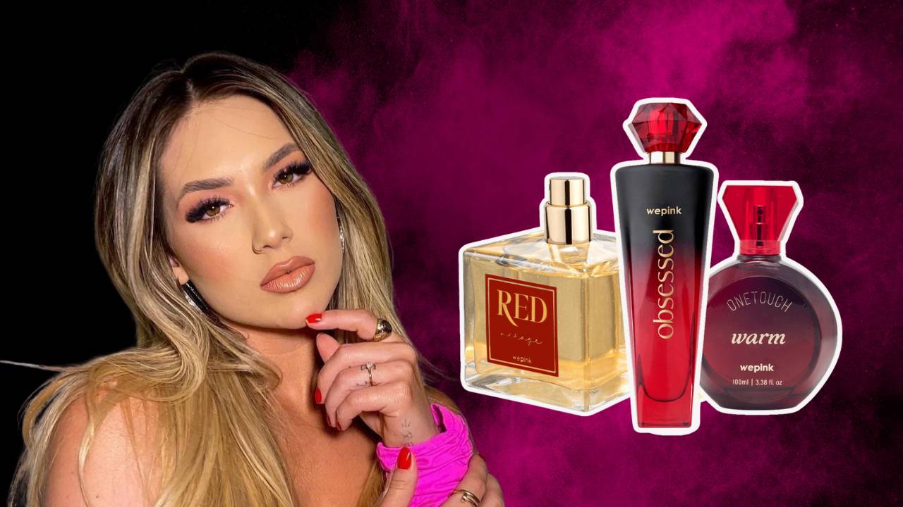 Montagem mostra a influenciadora Virginia Fonseca e alguns perfumes da Wepink ao lado