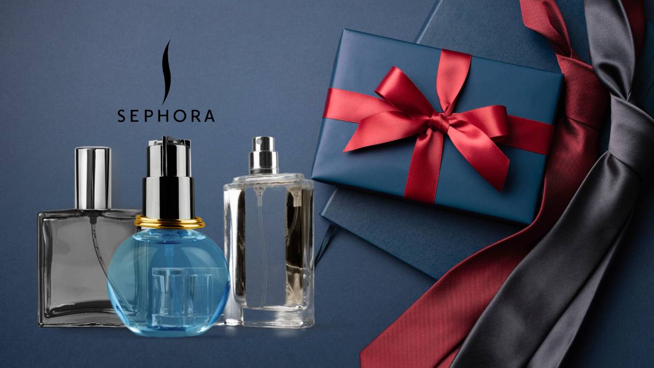 Montagem com frascos de perfumes, elementos que remetem ao Dia dos Pais, e a logomarca da Sephora