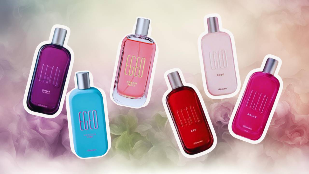 Vários frascos de perfumes femininos da linha Egeo distribuídos em frente a um fundo colorido