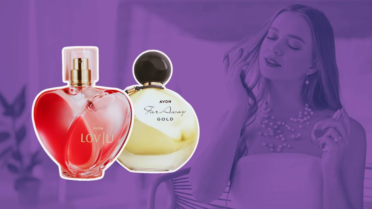 Montagem com dois perfumes femininos da Avon em destaque e foto de mulher elegante ao fundo