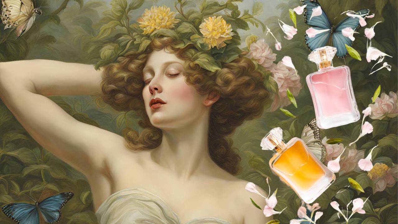 Montagem mostra uma ninfa na floresta; ao seu lado, frascos de perfumes