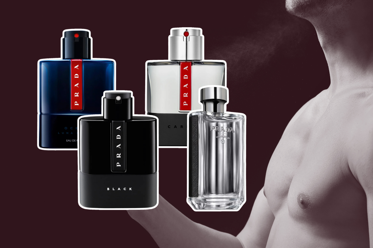 Homem sem camisa espirrando perfume em si mesmo