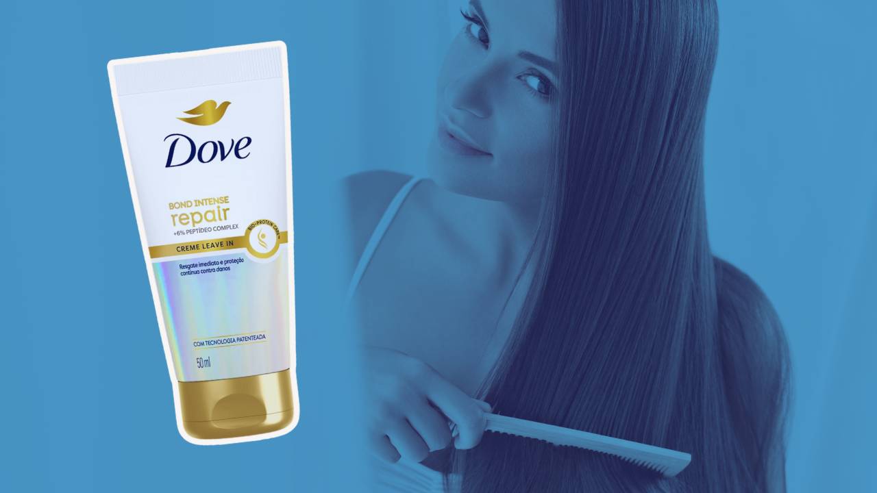 Creme Leave-in Dove Bond Repair em destaque; ao fundo, uma mulher penteando o cabelo