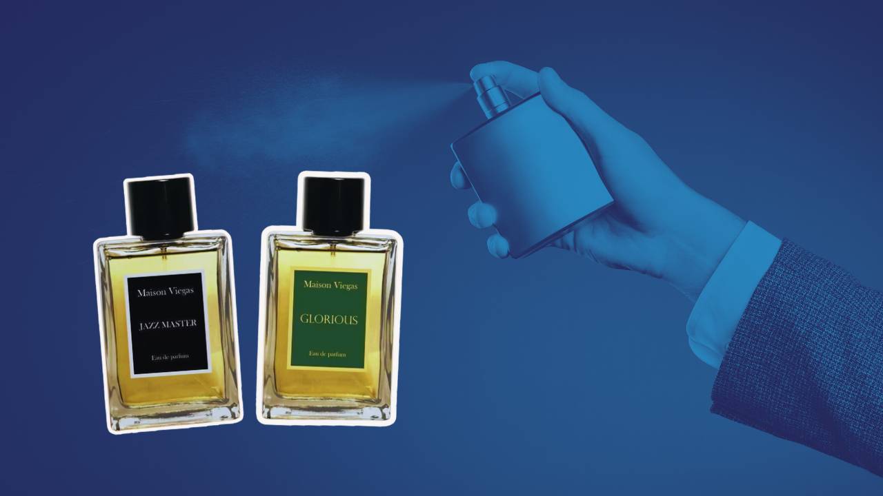 Montagem com dois frascos de perfumes masculinos da Maison Viegas em destaque