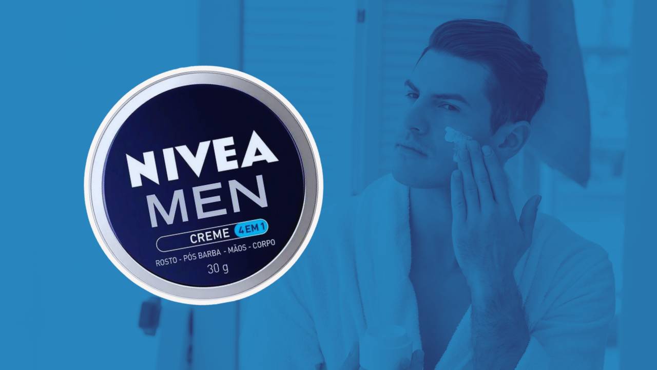 NIVEA MEN Creme 4 em 1 em destaque; ao fundo, um homem passando creme no rosto