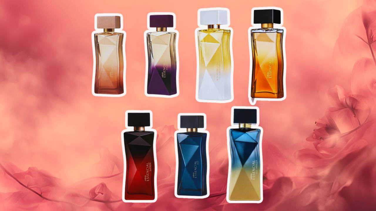 Frascos de perfumes femininos Essencial Natura enfileirados lado a lado