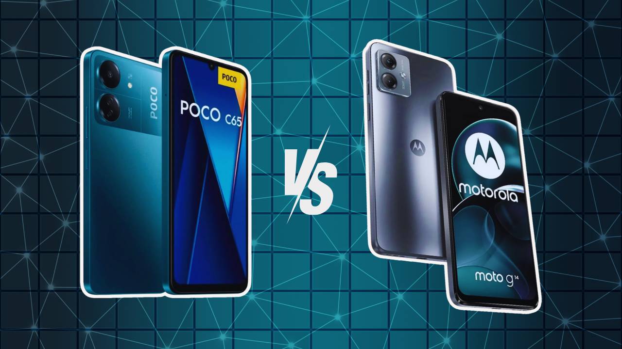 Poco C65 e Moto G14 lado a lado com um símbolo de "vs" entre eles