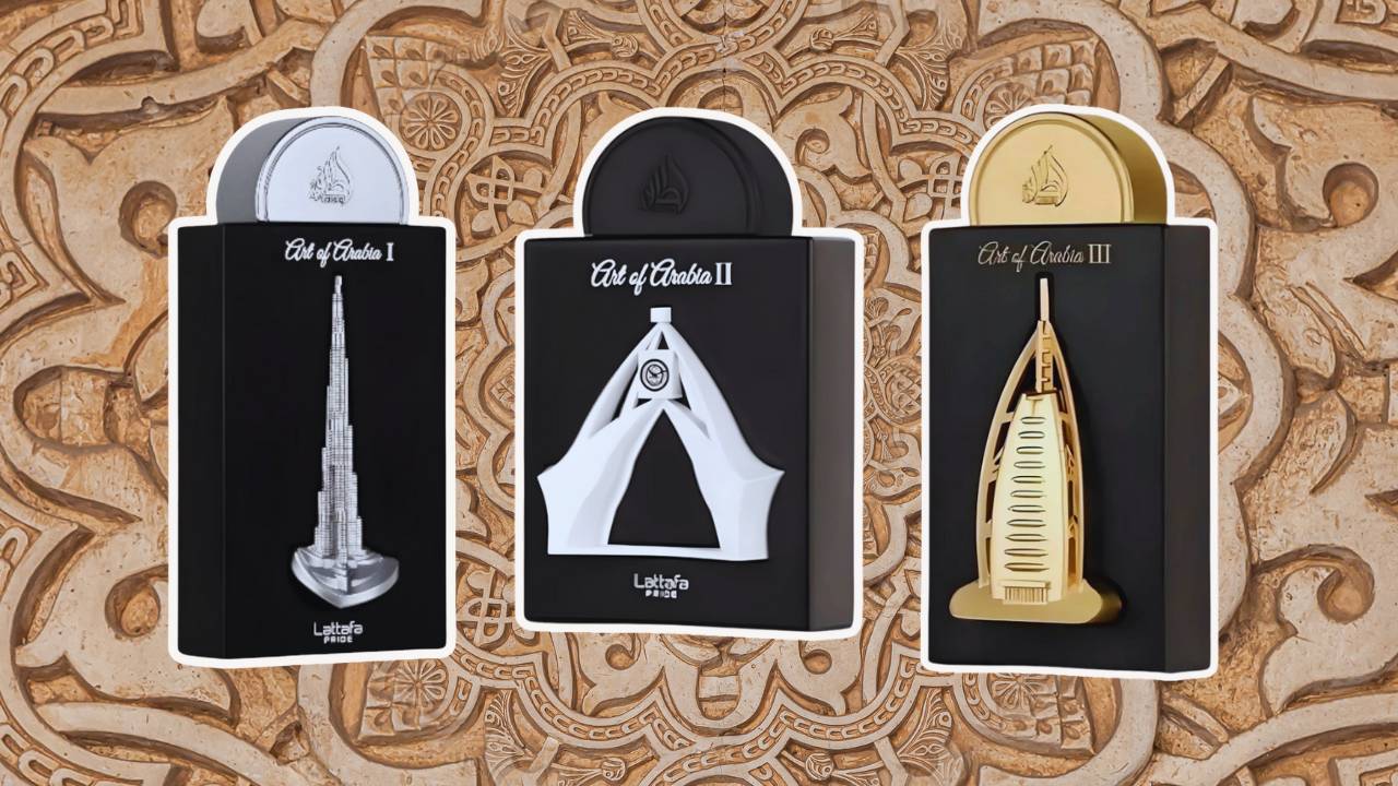 Os três perfumes da linha Art of Arabia enfileirados lado a lado