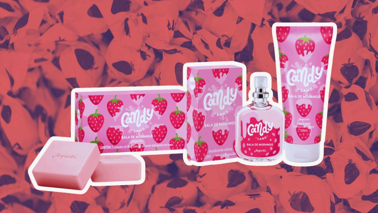 Todos os produtos da linha Candy Land Bala De Morango da Jequiti enfileirados