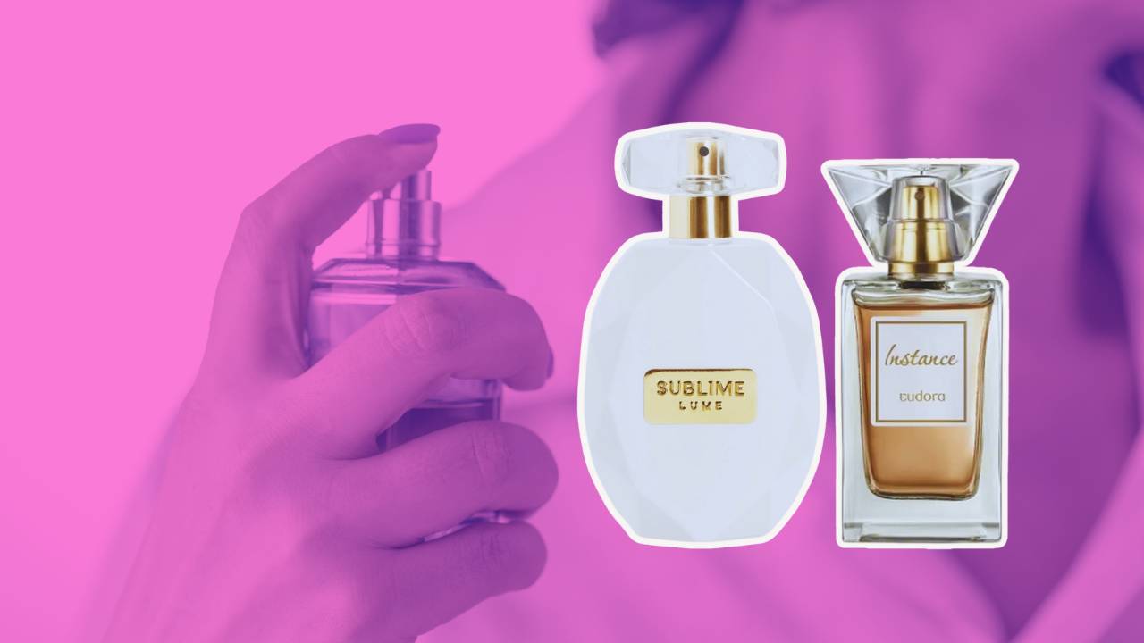 Montagem com mulher passando perfume em si mesma e dois frascos de perfumes femininos em destaque