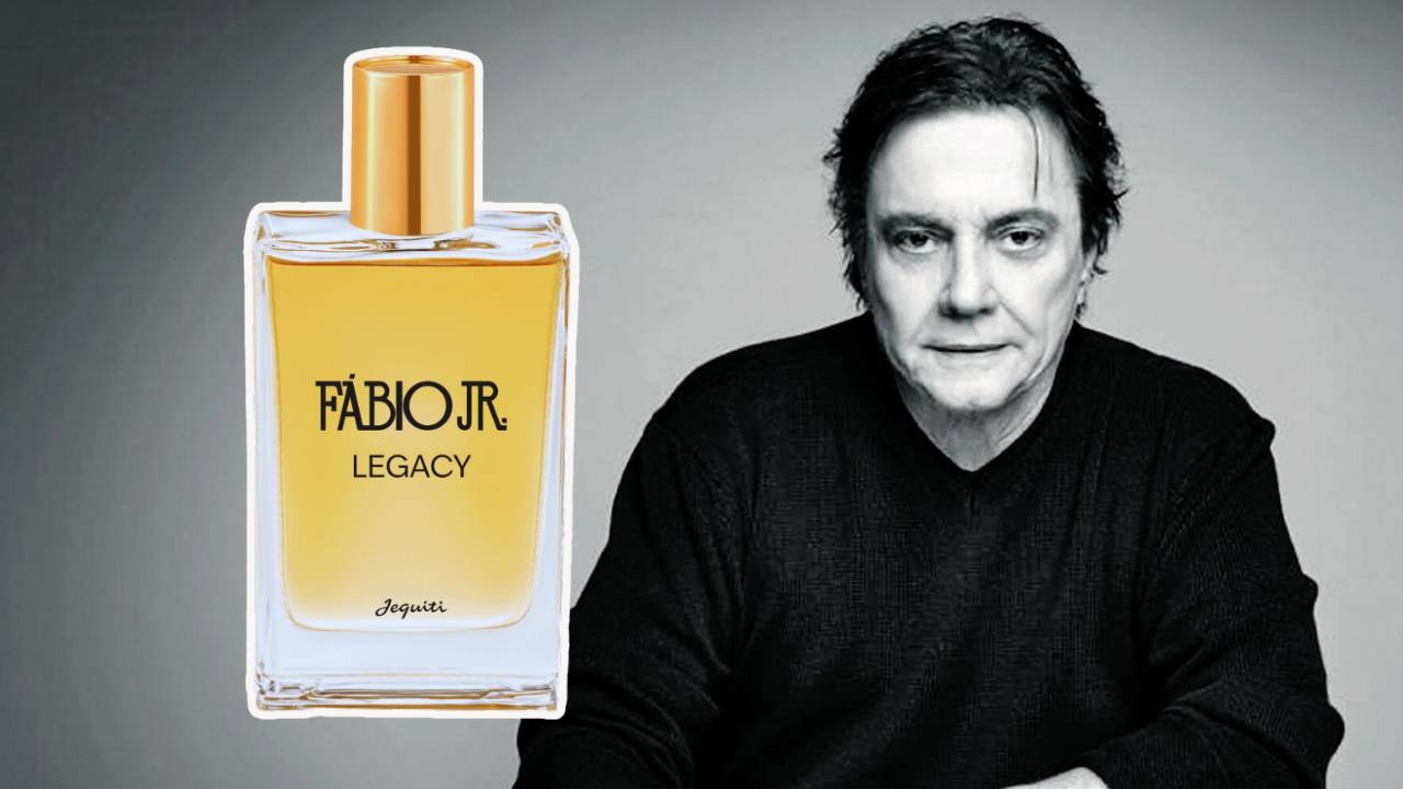 Um frasco do perfume Legacy, e ao fundo uma foto do cantor Fábio Jr