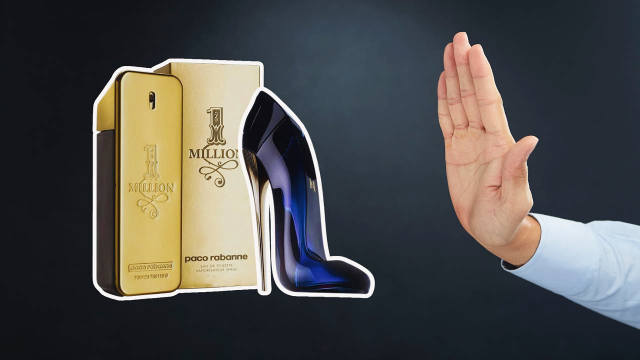 Perfumes 1 Million e Good Girl; ao lado, uma mão fazendo sinal de "pare"