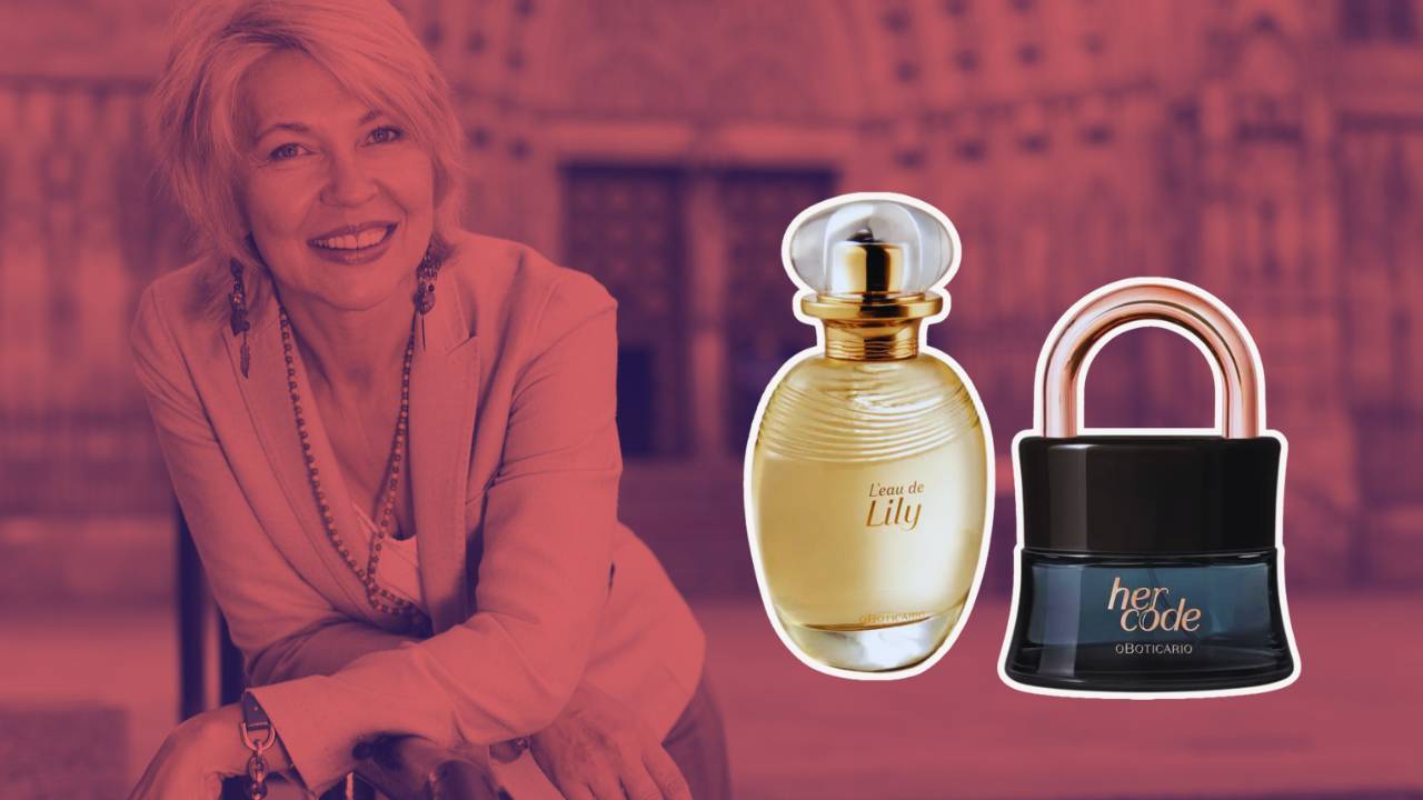 Montagem com uma mulher de cerca de 50 anos e frascos de dois perfumes femininos do Boticário