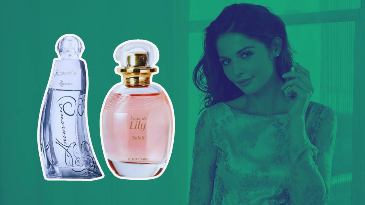 Montagem com uma mulher se perfumando e dois frascos de perfumes femininos do Boticário