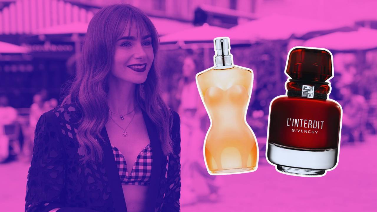 Montagem com uma foto da série Emily in Paris e dois frascos de perfumes femininos franceses