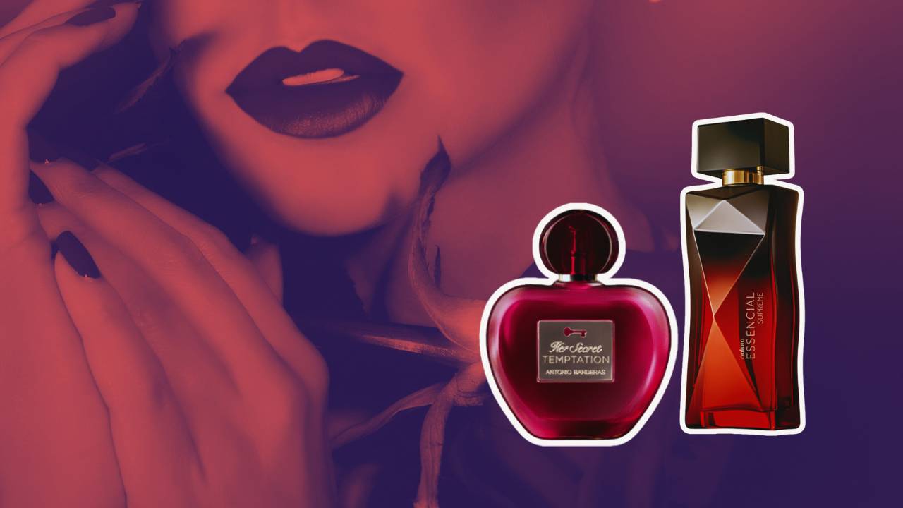 Montagem com os perfumes femininos Essencial Supreme e Her Secret Temptation