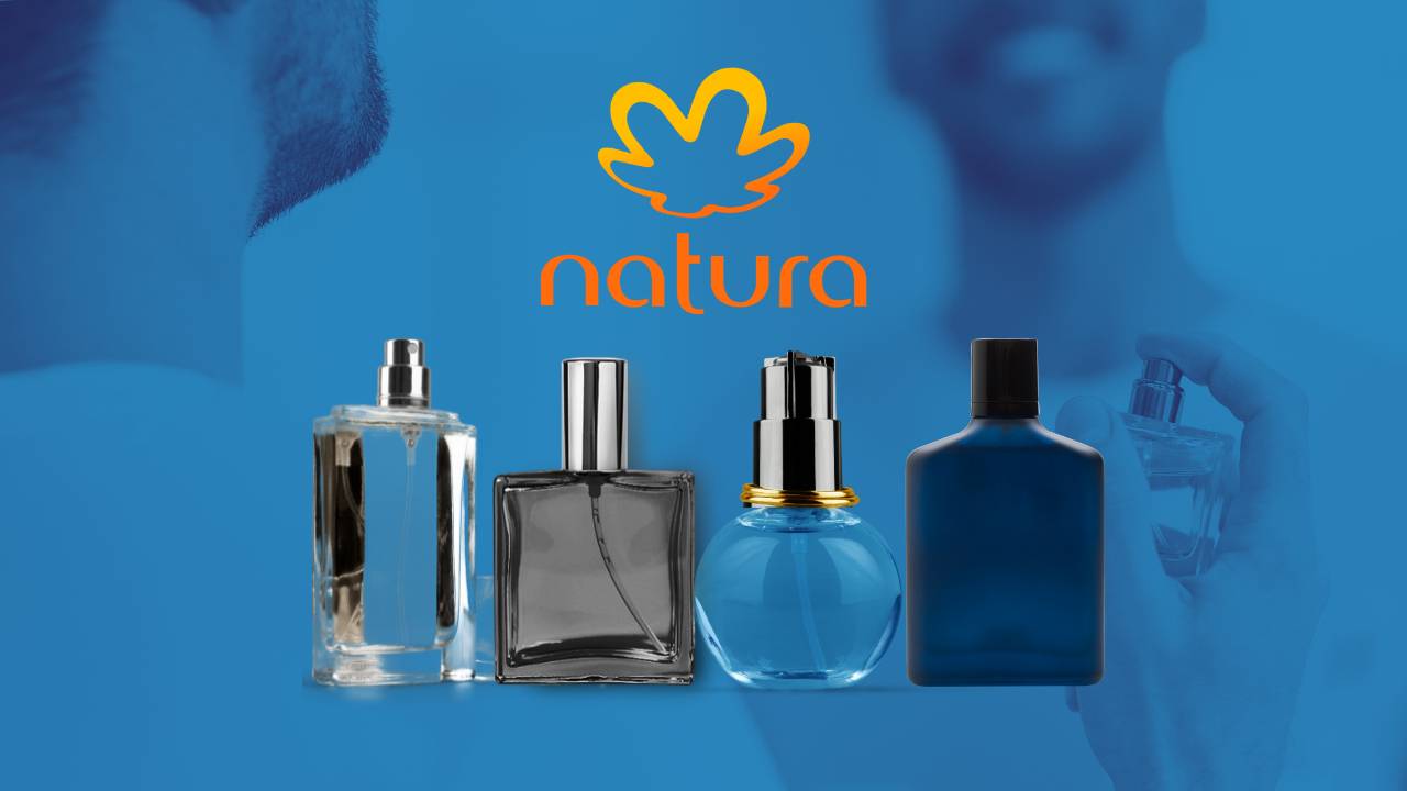 Montagem com frascos genéricos de perfumes masculinos sobre um fundo azul e a logomarca da Natura ao centro