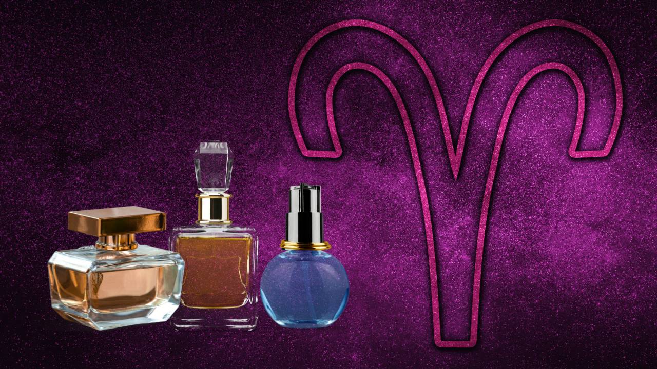 Frascos de perfumes enfileirados e uma arte com o símbolo do signo de áries ao fundo