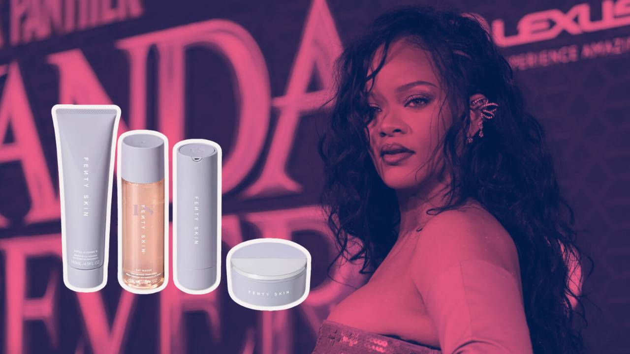 Montagem com produtos Fenty Skin e a cantora Rihanna