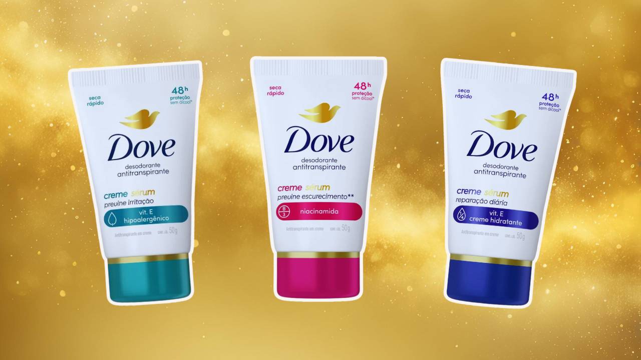 Montagem com um frasco de cada desodorante creme sérum da Dove