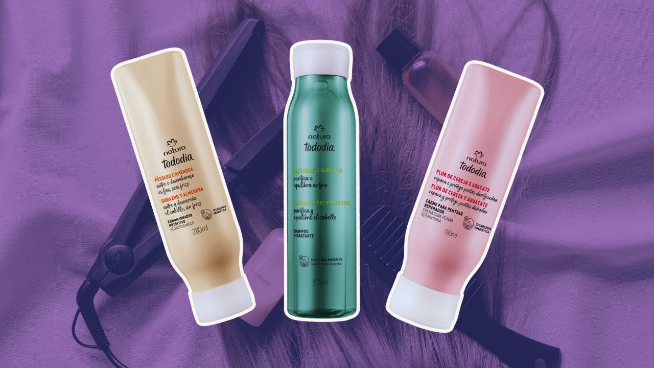 Três frascos de diferentes produtos para cabelo da Natura Tododia