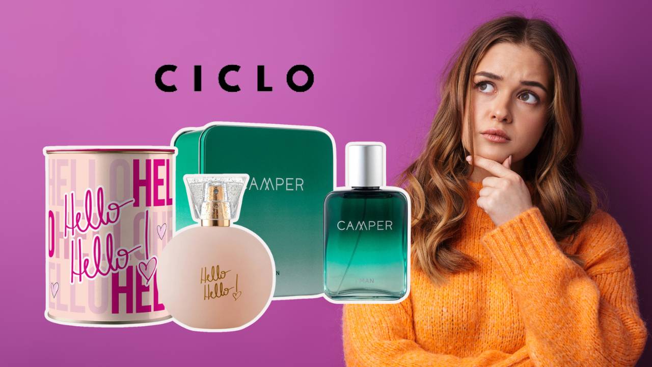 Montagem com mulher com dúvida e perfumes da Ciclo Cosméticos