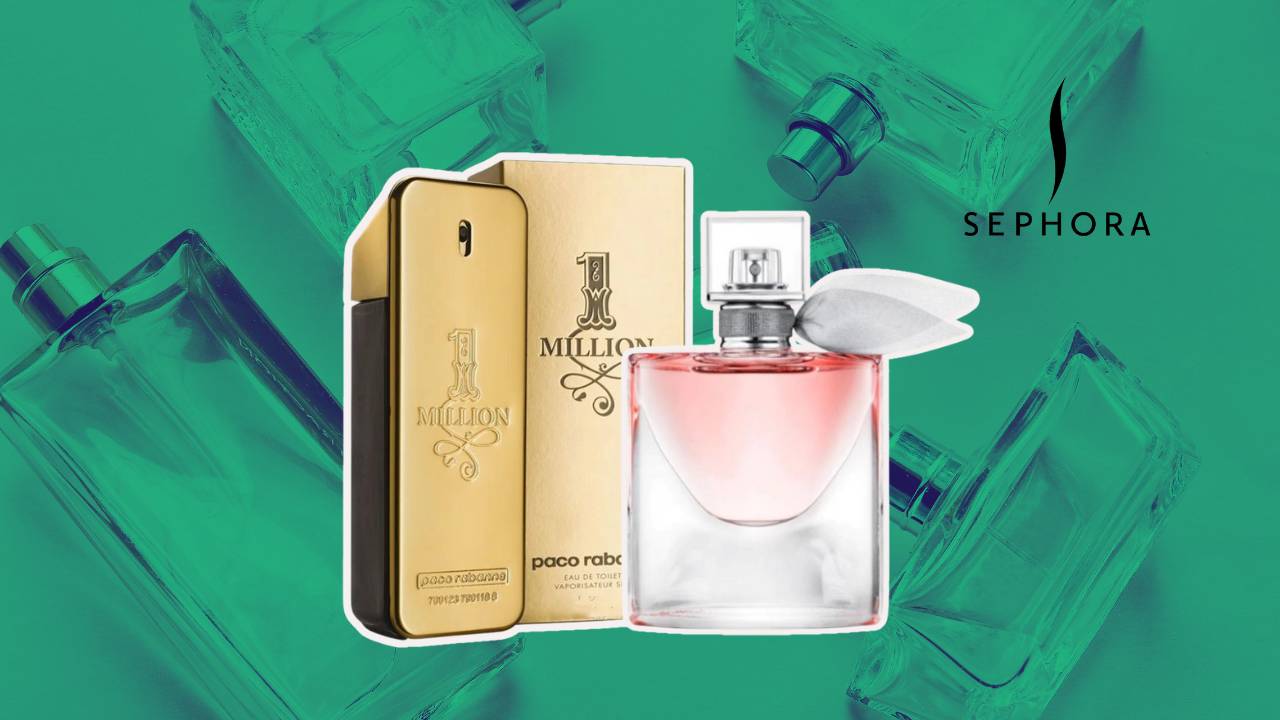 Montagem com dois dos perfumes importados mais vendidos na Sephora em agosto