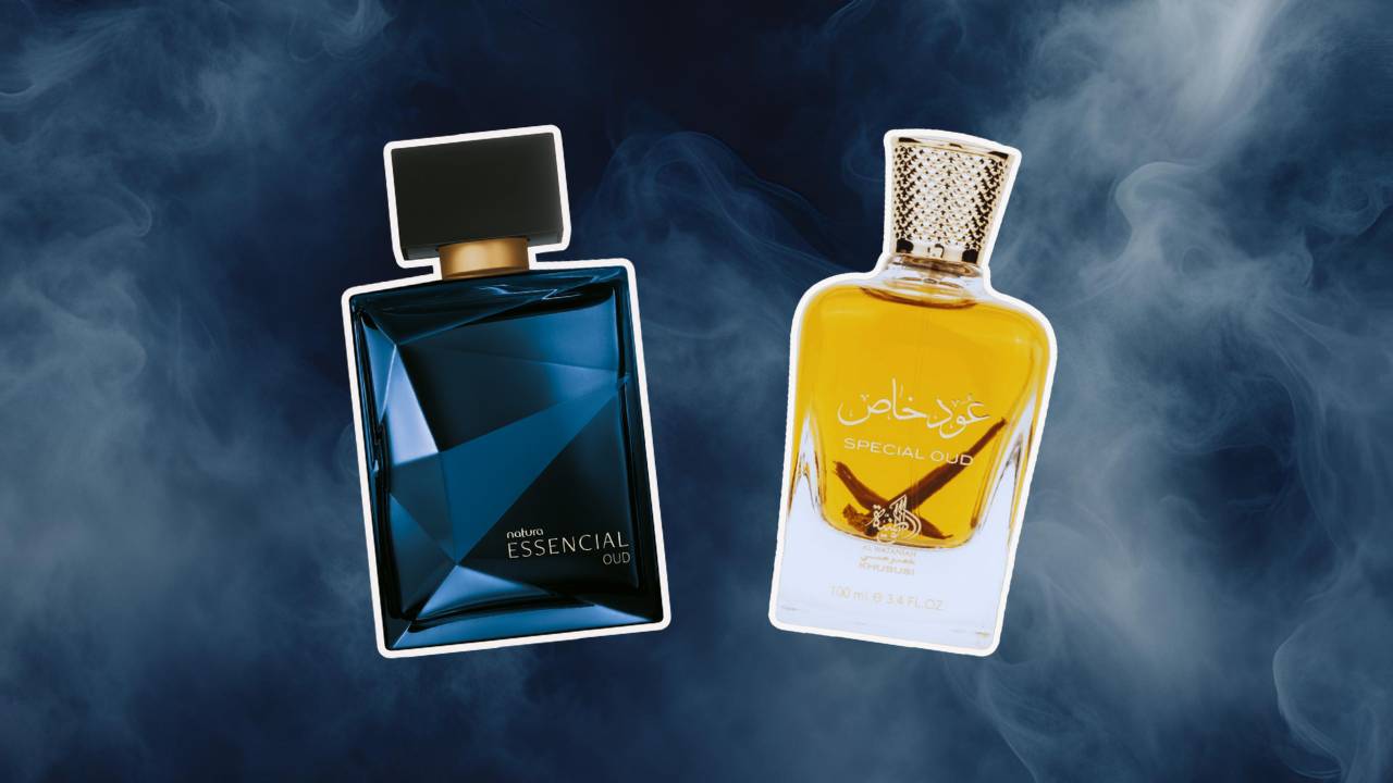 Montagem com frascos de dois perfumes masculinos que são bombas em frente a um fundo azul escuro com névoa branca