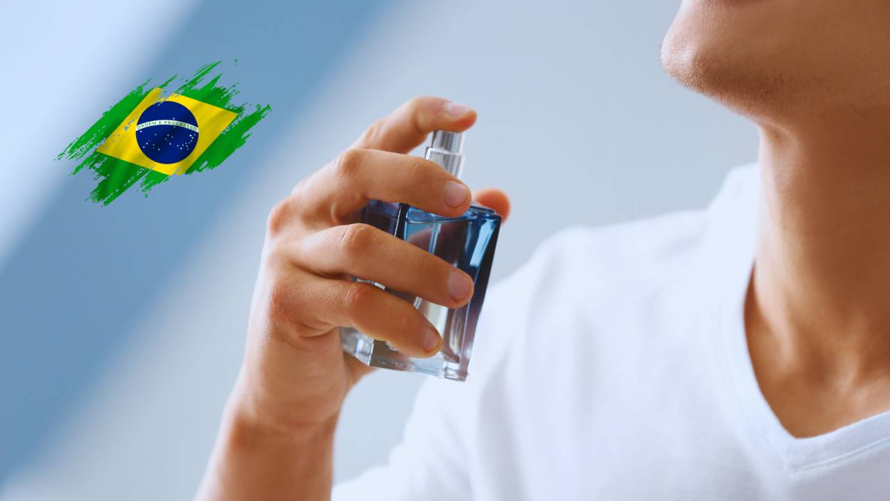 Montagem com um homem passando perfume e o desenho de uma bandeira do Brasil ao lado