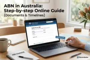 Tela de site ABN Australiano em laptop com mão no mouse