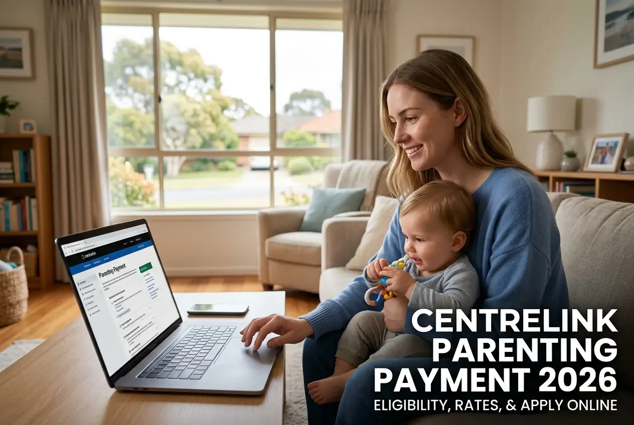 Mulher com criança no colo usando laptop sobre financeira