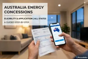 Pessoa com conta de luz e celular exibindo Austrália