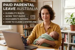 Mulher com bebê e laptop discutindo direitos parentais na Austrália.