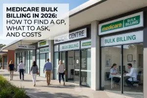 Centro médico moderno com vitrine e consulta médica 2026