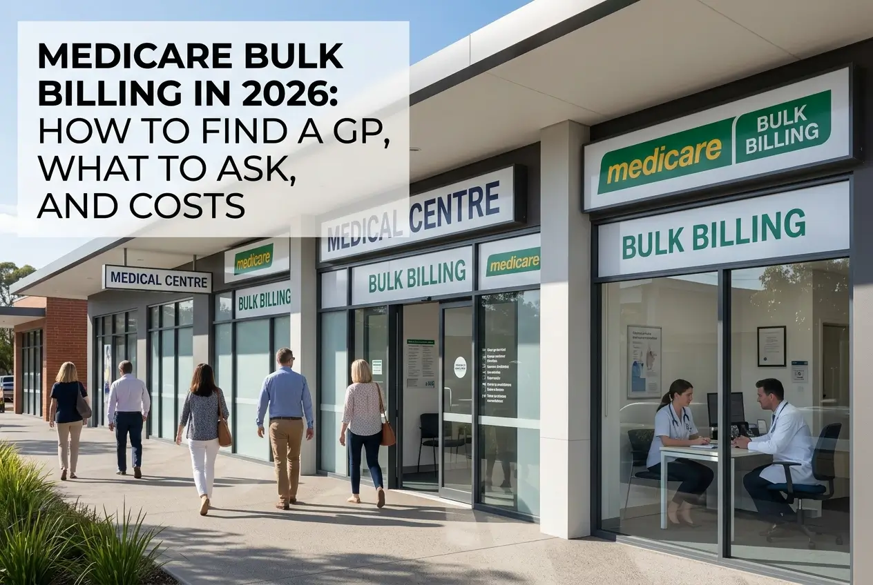 Centro médico moderno com vitrine e consulta médica 2026