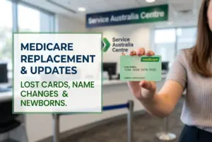 Pessoa segurando cartão Medicare em frente ao Serviço Australia