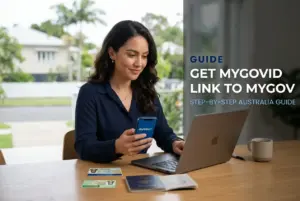 Mulher usando myGovID com documentos de identificação sobre a mesa